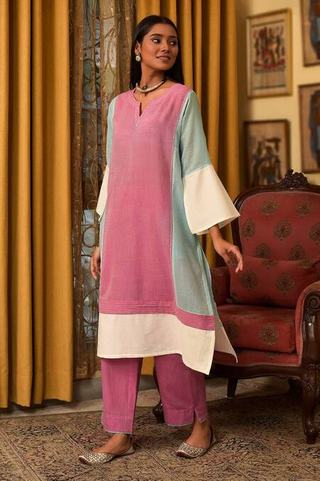 Shop_Nuhh_Purple Handloom Cotton Embroidery V-neck Handwoven Kurta Pant Set _Online_at_Aza_Fashions