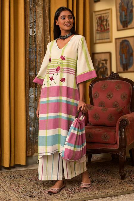 Shop_Nuhh_Multi Color Handloom Cotton Embroidery Multicolor Handwoven Kurta And Pant Set _Online_at_Aza_Fashions