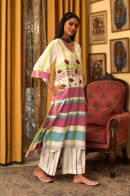 Nuhh_Multi Color Handloom Cotton Embroidery Multicolor Handwoven Kurta And Pant Set _at_Aza_Fashions