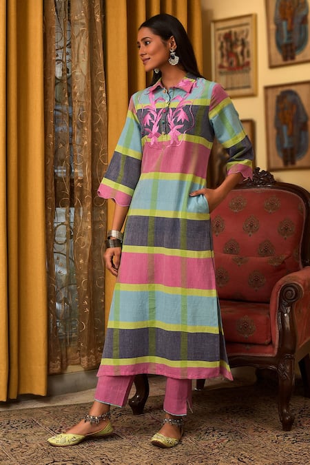 Nuhh Multi Color Handloom Cotton Embroidery Multicolor Handwoven Kurta And Pant Set 