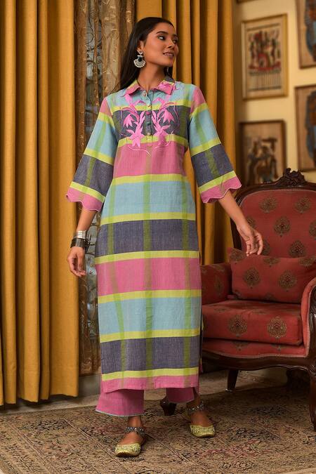Nuhh_Multi Color Handloom Cotton Embroidery Multicolor Handwoven Kurta And Pant Set _at_Aza_Fashions