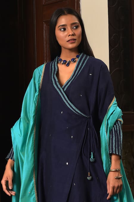 Nuhh_Blue Handloom Cotton Embroidery Open Neck Handwoven Angarkha Set _Online_at_Aza_Fashions