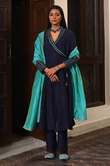 Nuhh Blue Handloom Cotton Embroidery Open Neck Handwoven Angarkha Set 