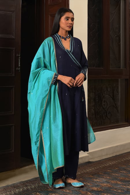 Nuhh_Blue Handloom Cotton Embroidery Open Neck Handwoven Angarkha Set _at_Aza_Fashions