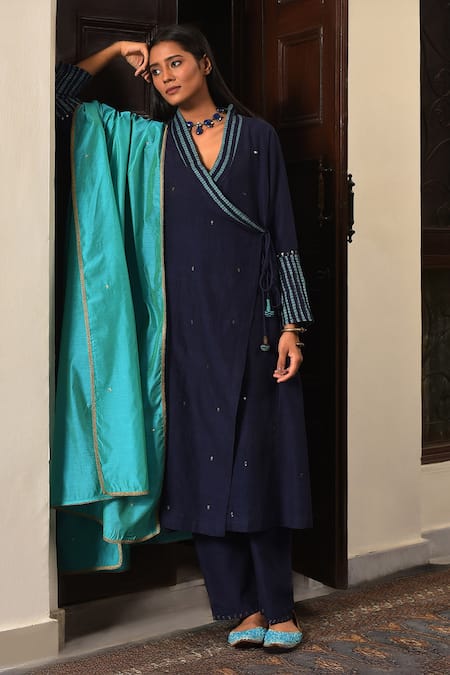 Shop_Nuhh_Blue Handloom Cotton Embroidery Open Neck Handwoven Angarkha Set 