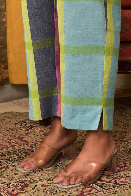 Buy_Nuhh_Multi Color Handloom Cotton Collared Handwoven Kurta And Pant Set _Online_at_Aza_Fashions