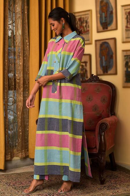 Shop_Nuhh_Multi Color Handloom Cotton Collared Handwoven Kurta And Pant Set _Online_at_Aza_Fashions