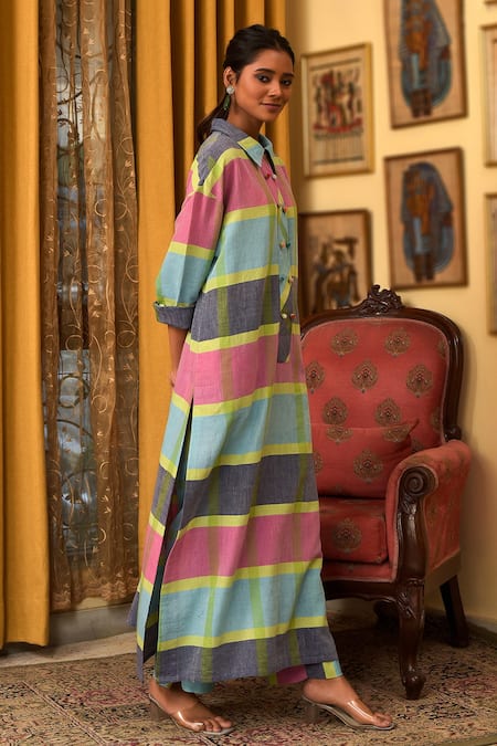 Buy_Nuhh_Multi Color Handloom Cotton Collared Handwoven Kurta And Pant Set 