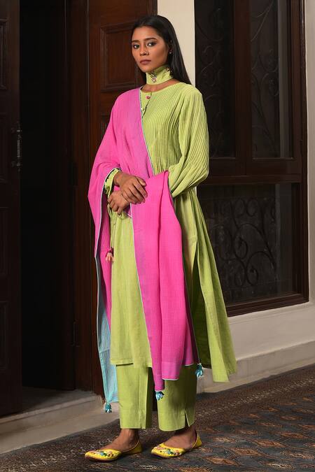 Nuhh_Green Handloom , Embroidery, Tassels Mandarin Handwoven Kurta Set _at_Aza_Fashions