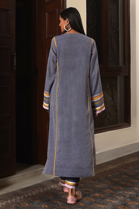 Nuhh Indigo Blue Handwoven Cotton Kurta Set 