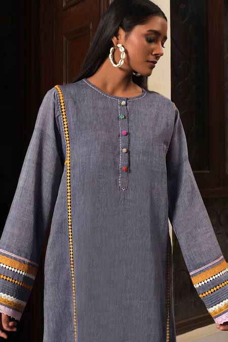 Shop_Nuhh_Blue Handloom Cotton Embroidery Round Neck Indigo Handwoven Kurta Set _Online_at_Aza_Fashions