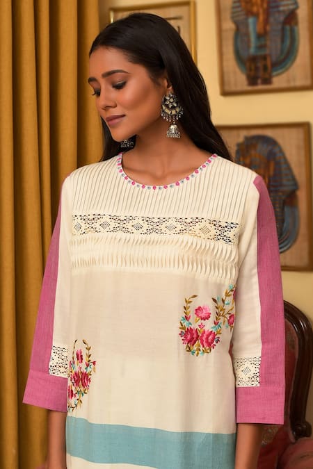 Shop_Nuhh_Off White Handloom Cotton Embroidery Round Neck Striped Kurta And Pant Set _Online_at_Aza_Fashions