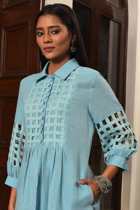 Nuhh_Sky Blue Handloom Cotton Collared Handwoven Kurta And Salwar Set _Online_at_Aza_Fashions