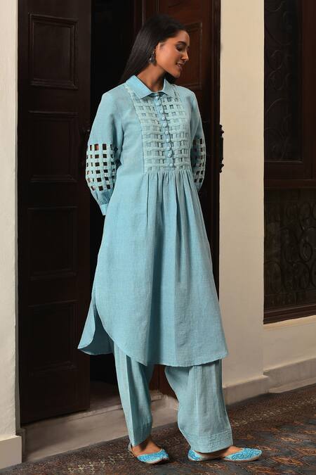 Nuhh_Sky Blue Handloom Cotton Collared Handwoven Kurta And Salwar Set _at_Aza_Fashions