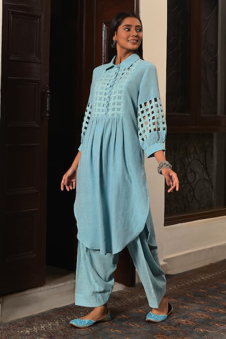 Buy_Nuhh_Sky Blue Handloom Cotton Collared Handwoven Kurta And Salwar Set 