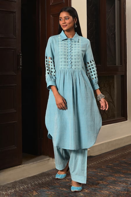Nuhh Sky Blue Handloom Cotton Collared Handwoven Kurta And Salwar Set 