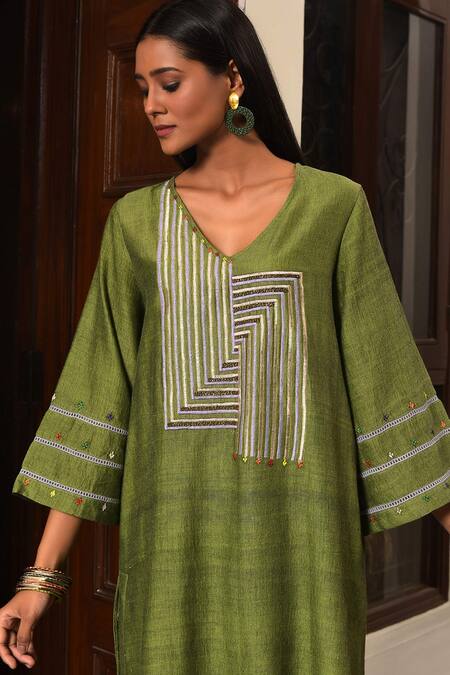 Shop_Nuhh_Olive Green Handloom Cotton Beads V-neck Handwoven Kurta And Pant _Online_at_Aza_Fashions