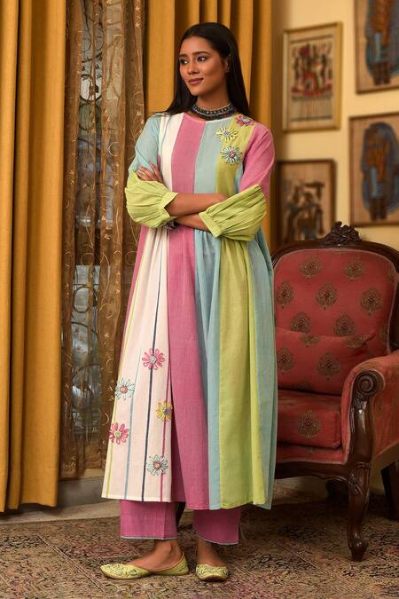 Nuhh_Multi Color Handloom Cotton Embroidery Round Neck Handwoven Kurta Set _Online_at_Aza_Fashions