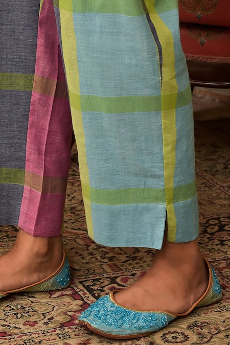 Shop_Nuhh_Ivory Handloom Cotton Embroidery Split V-neck Handwoven Kurta And Pant Set _Online_at_Aza_Fashions