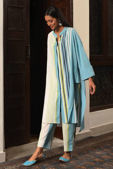 Nuhh_Blue Handloom Cotton Collared Striped Handwoven Kurta And Pant Set _Online_at_Aza_Fashions