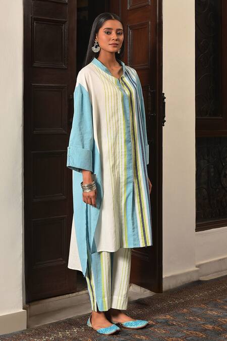 Shop_Nuhh_Blue Handloom Cotton Collared Striped Handwoven Kurta And Pant Set _Online_at_Aza_Fashions