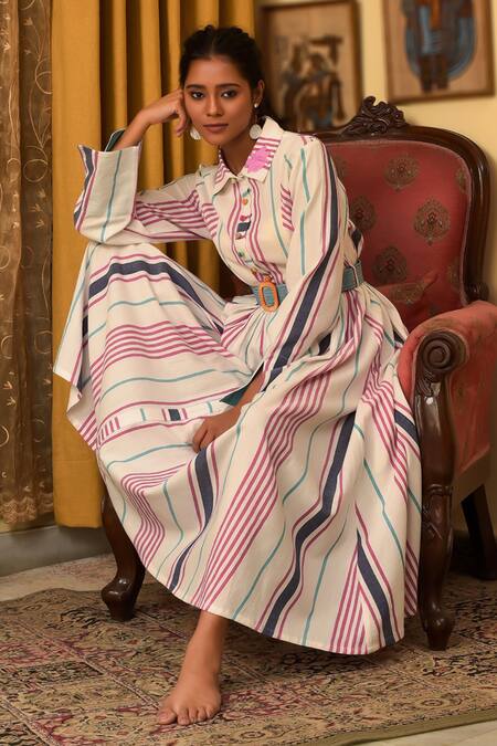Buy_Nuhh_Ivory Handloom Cotton Collared Striped Dress _Online_at_Aza_Fashions