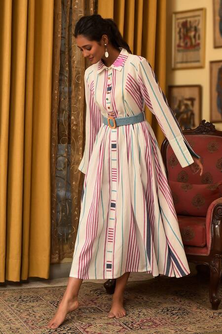 Shop_Nuhh_Ivory Handloom Cotton Collared Striped Dress _Online_at_Aza_Fashions