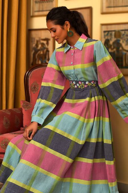 Nuhh_Multi Color Handloom Cotton Embroidery Collared Handwoven Dress _Online_at_Aza_Fashions