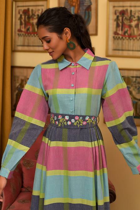 Buy_Nuhh_Multi Color Handloom Cotton Embroidery Collared Handwoven Dress _Online_at_Aza_Fashions