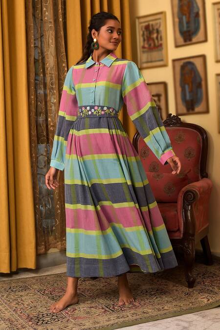 Shop_Nuhh_Multi Color Handloom Cotton Embroidery Collared Handwoven Dress _Online_at_Aza_Fashions