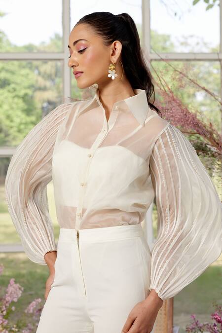 Parul And Preyanka Ivory Silk Organza, Crepe Pearls Collared Cording Detail Shirt And Pant Set Online at Aza Fashions Parul And Preyanka_Ivory Silk Organza, Crepe Pearls Collared Cording Detail Shirt And Pant Set _Online_at_Aza_Fashions