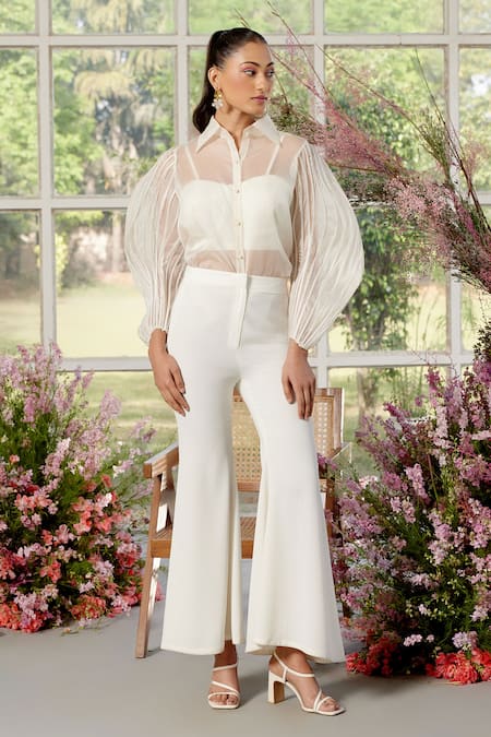 Parul And Preyanka Ivory Silk Organza, Crepe Pearls Collared Cording Detail Shirt And Pant Set 