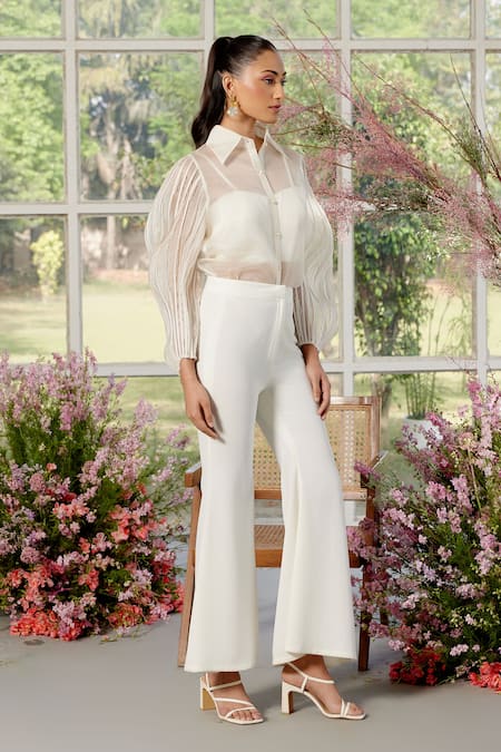 Shop Parul And Preyanka Ivory Silk Organza, Crepe Pearls Collared Cording Detail Shirt And Pant Set at Aza Fashions Shop_Parul And Preyanka_Ivory Silk Organza, Crepe Pearls Collared Cording Detail Shirt And Pant Set _at_Aza_Fashions