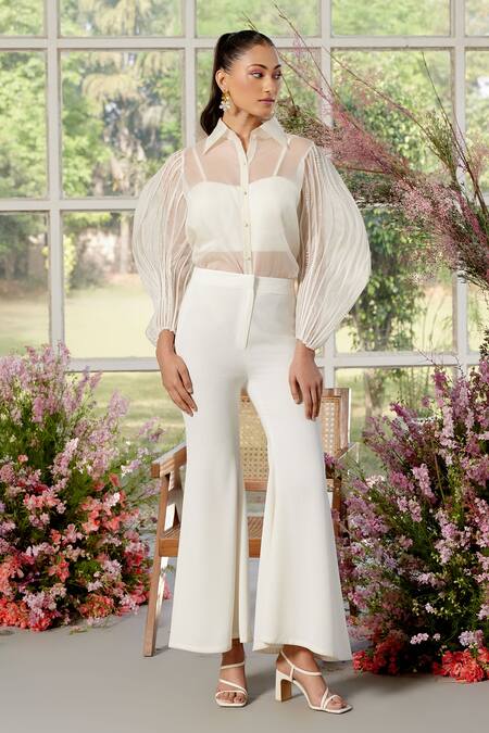 Shop Parul And Preyanka Ivory Silk Organza, Crepe Pearls Collared Cording Detail Shirt And Pant Set Online at Aza Fashions Shop_Parul And Preyanka_Ivory Silk Organza, Crepe Pearls Collared Cording Detail Shirt And Pant Set _Online_at_Aza_Fashions