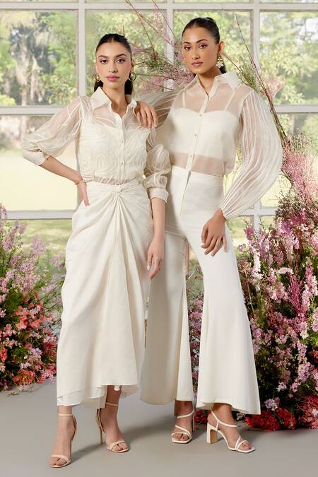 Parul And Preyanka Ivory Silk Organza, Crepe Pearls Collared Cording Detail Shirt And Pant Set at Aza Fashions Parul And Preyanka_Ivory Silk Organza, Crepe Pearls Collared Cording Detail Shirt And Pant Set _at_Aza_Fashions