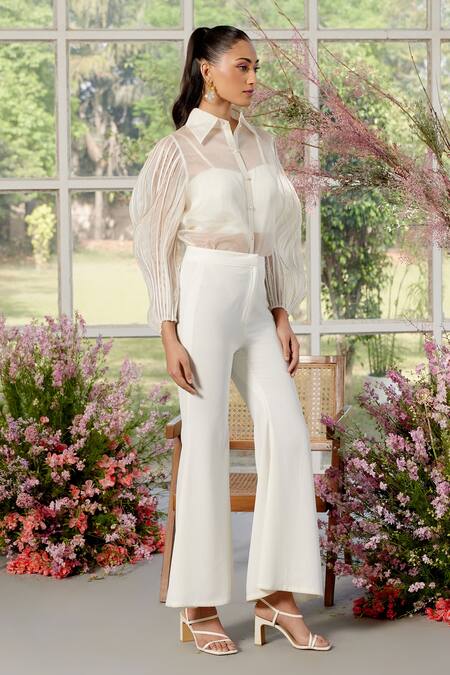 Buy Parul And Preyanka Ivory Silk Organza, Crepe Pearls Collared Cording Detail Shirt And Pant Set Buy_Parul And Preyanka_Ivory Silk Organza, Crepe Pearls Collared Cording Detail Shirt And Pant Set