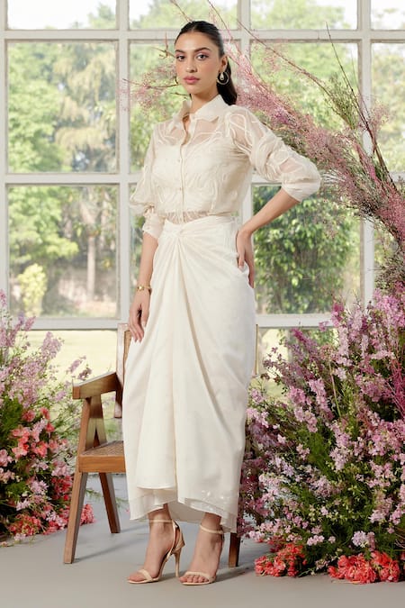 Shop Parul And Preyanka Ivory Organza, Chanderi Applique Collared Shirt And Skirt Set at Aza Fashions Shop_Parul And Preyanka_Ivory Organza, Chanderi Applique Collared Shirt And Skirt Set _at_Aza_Fashions
