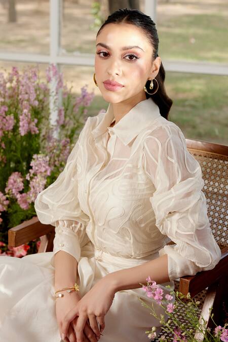 Buy Parul And Preyanka Ivory Organza, Chanderi Applique Collared Shirt And Skirt Set Buy_Parul And Preyanka_Ivory Organza, Chanderi Applique Collared Shirt And Skirt Set