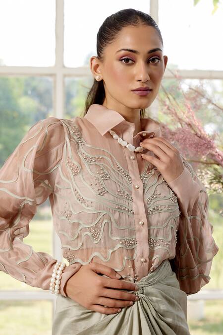 Buy Parul And Preyanka Peach Organza, Chanderi Pearls, Crystals Applique Co-ord Set Online at Aza Fashions Buy_Parul And Preyanka_Peach Organza, Chanderi Pearls, Crystals Applique Co-ord Set _Online_at_Aza_Fashions