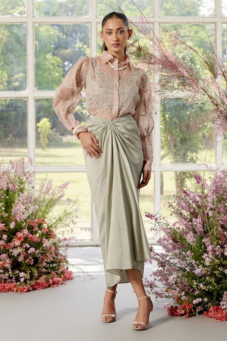 Parul And Preyanka Peach Organza, Chanderi Pearls, Crystals Applique Co-ord Set 