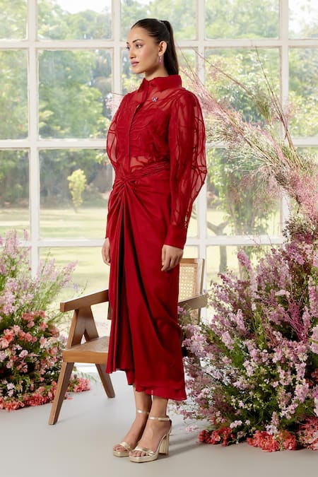 Shop Parul And Preyanka Red Organza, Chanderi Applique Collared Designer And Co-ord Set at Aza Fashions Shop_Parul And Preyanka_Red Organza, Chanderi Applique Collared Designer And Co-ord Set _at_Aza_Fashions