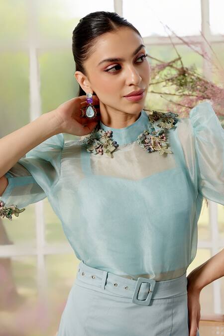 Parul And Preyanka_Blue Silk Organza, Crepe Embroidery High Neck Daphne Co-ord 3d Floral Set _Online_at_Aza_Fashions