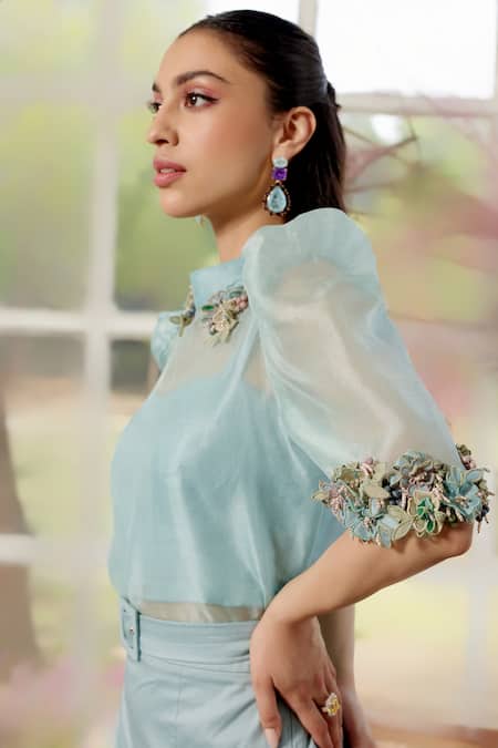 Buy_Parul And Preyanka_Blue Silk Organza, Crepe Embroidery High Neck Daphne Co-ord 3d Floral Set _Online_at_Aza_Fashions