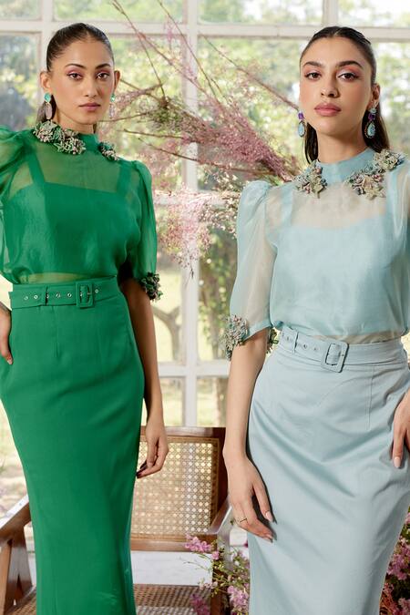 Parul And Preyanka_Blue Silk Organza, Crepe Embroidery High Neck Daphne Co-ord 3d Floral Set _at_Aza_Fashions