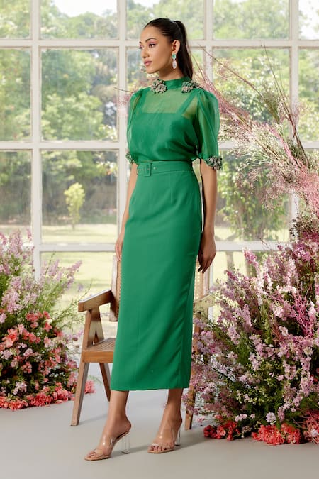 Shop Parul And Preyanka Green Silk Organza, Crepe Embroidery High Neck 3d Flower Embellished Co-ord Set at Aza Fashions Shop_Parul And Preyanka_Green Silk Organza, Crepe Embroidery High Neck 3d Flower Embellished Co-ord Set _at_Aza_Fashions