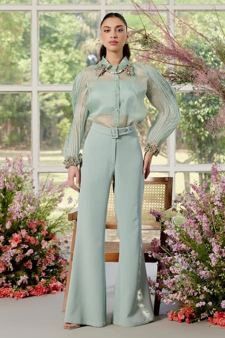 Parul And Preyanka Blue Silk Organza, Crepe Crystals, Embroidery Collared Designer Co-ord Set 