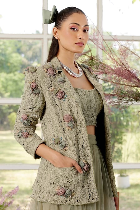 Parul And Preyanka Green Lace, Tulle, Crepe Fabric Flowers, 3d Organza Rose Blazer And Skirt Set Online at Aza Fashions Parul And Preyanka_Green Lace, Tulle, Crepe Fabric Flowers, 3d Organza Rose Blazer And Skirt Set _Online_at_Aza_Fashions