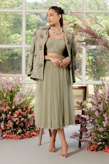 Parul And Preyanka Green Lace, Tulle, Crepe Fabric Flowers, 3d Organza Rose Blazer And Skirt Set 