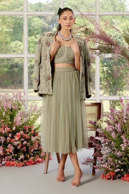 Buy Parul And Preyanka Green Lace, Tulle, Crepe Fabric Flowers, 3d Organza Rose Blazer And Skirt Set Online at Aza Fashions Buy_Parul And Preyanka_Green Lace, Tulle, Crepe Fabric Flowers, 3d Organza Rose Blazer And Skirt Set _Online_at_Aza_Fashions