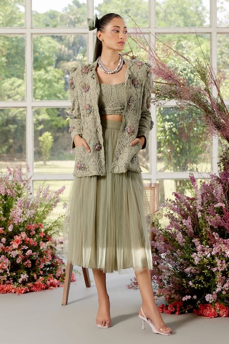 Parul And Preyanka 3D Organza Rose Blazer & Skirt Set 